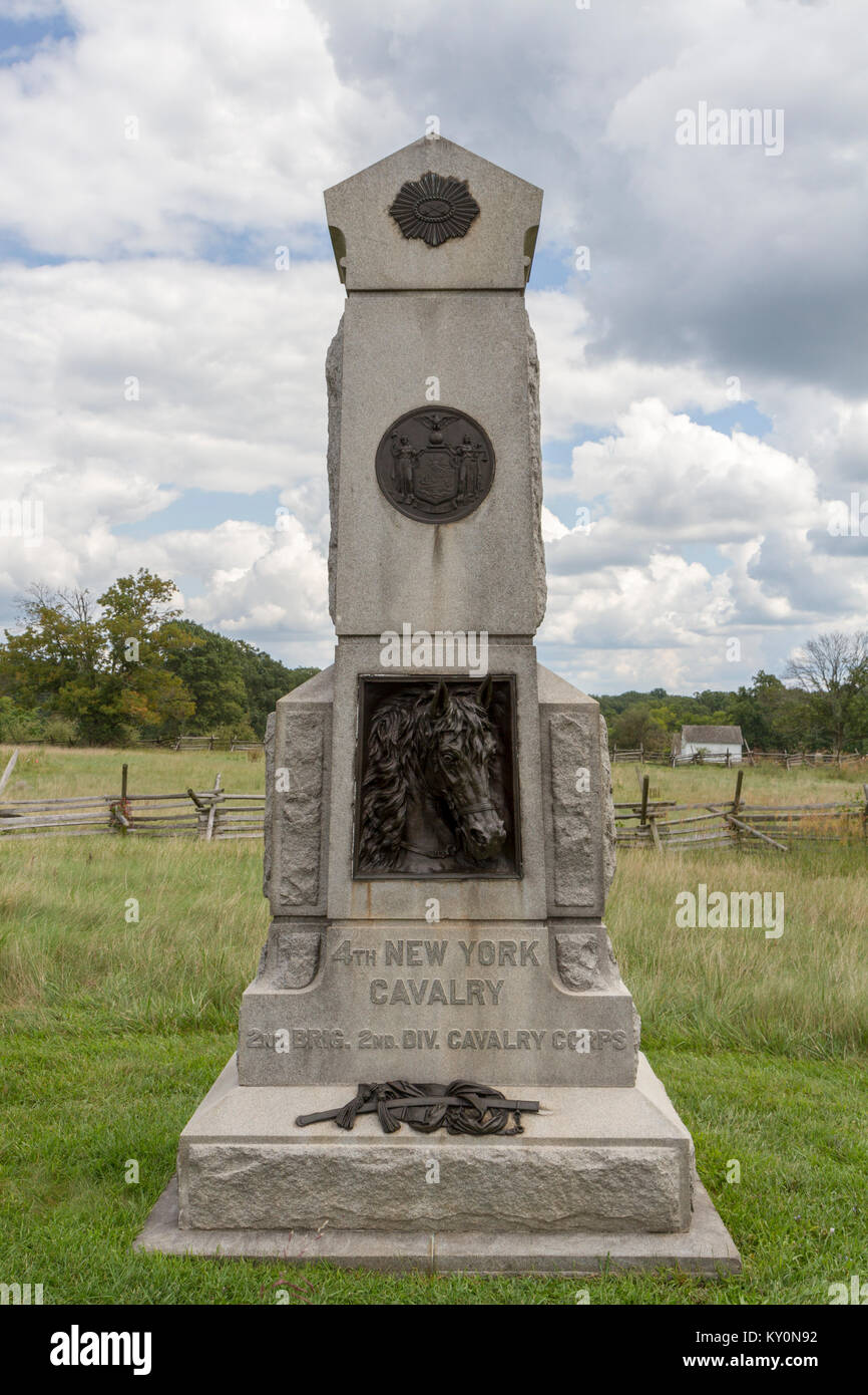 The 4th New York Cavalry Regiment Monument, Gettysburg National Military Park, Pennsylvania, United States. Stock Photo