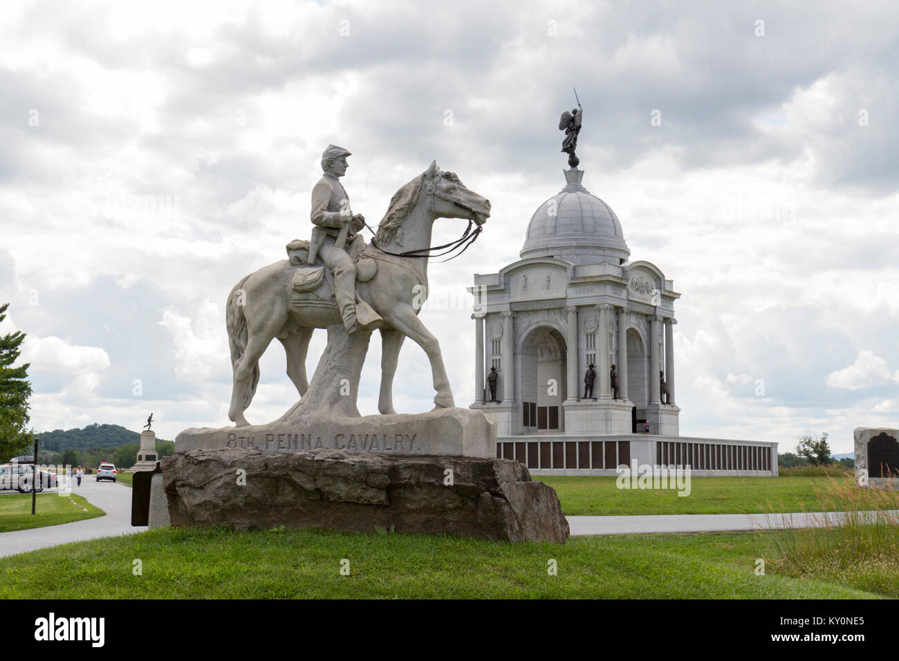Monument to the 8th Pennsylvania Cavalry and the State of Pennsylvania Monument, Gettysburg National Military Park, Pennsylvania, United States. Stock Photo