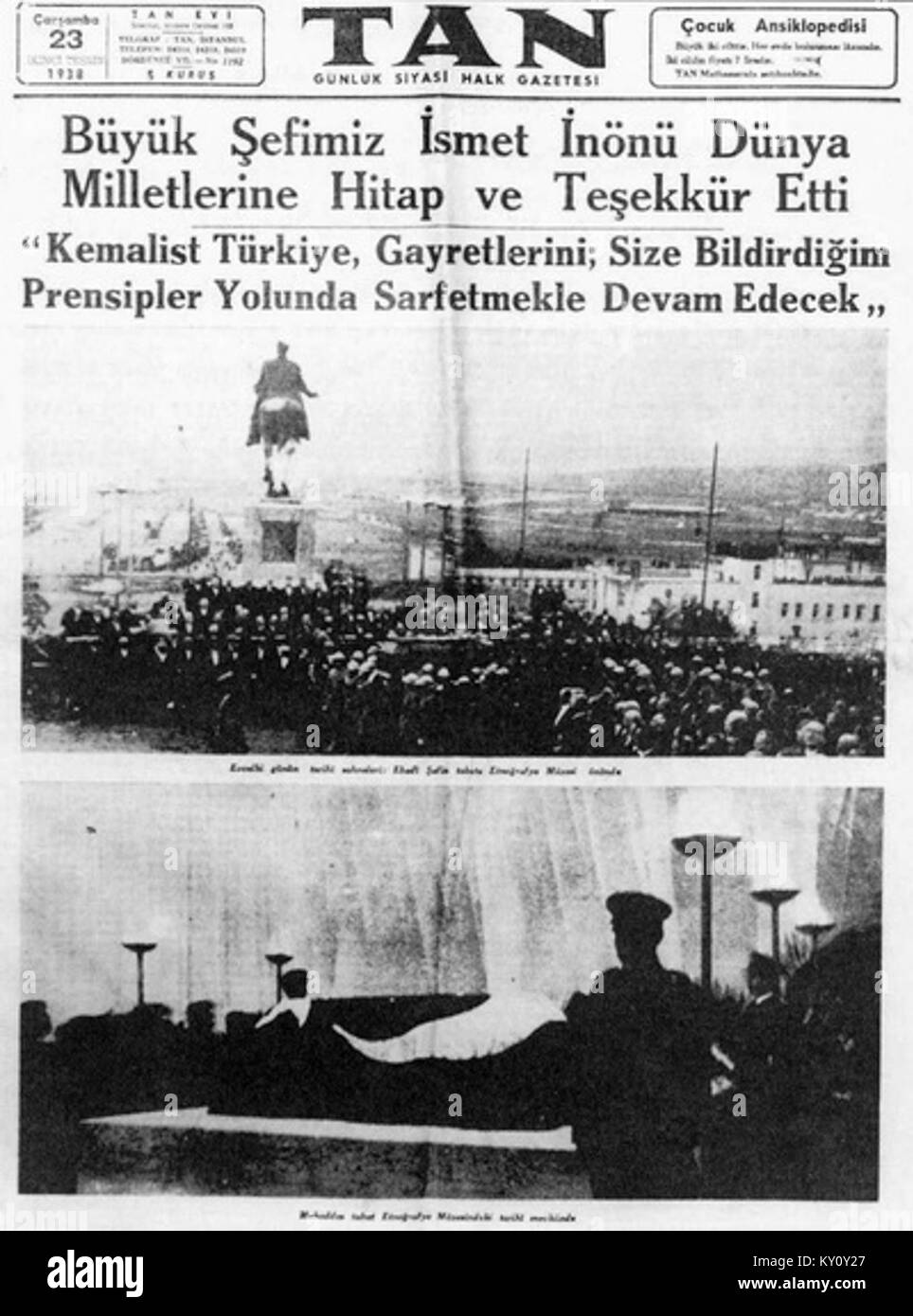 This image shows the first page of the Turkish newspaper 'Tan' from 23 ...
