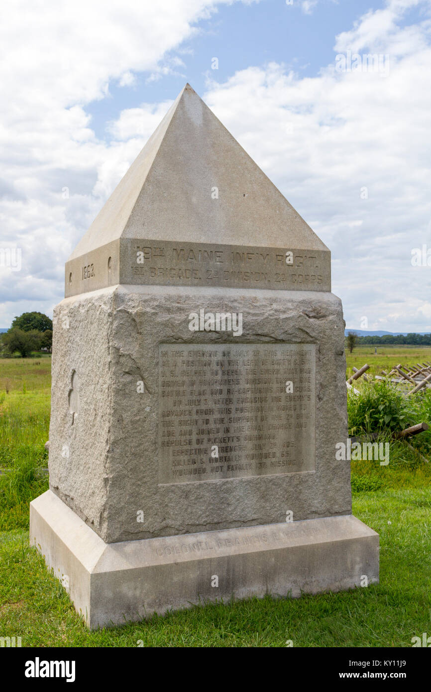 The 19th Maine Volunteer Infantry Regiment Monument, Gettysburg National Military Park, Pennsylvania, United States. Stock Photo