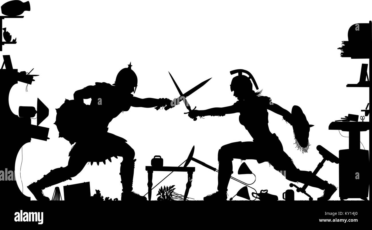 Editable vector silhouette of a domestic fight in a living room between a female and male gladiator with all objects as separate objects Stock Vector