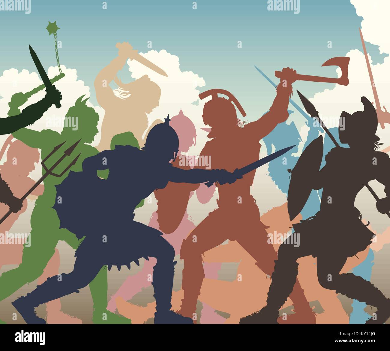 Editable vector cutout illustration of fighting ancient warriors with figures and weapons as separate objects Stock Vector