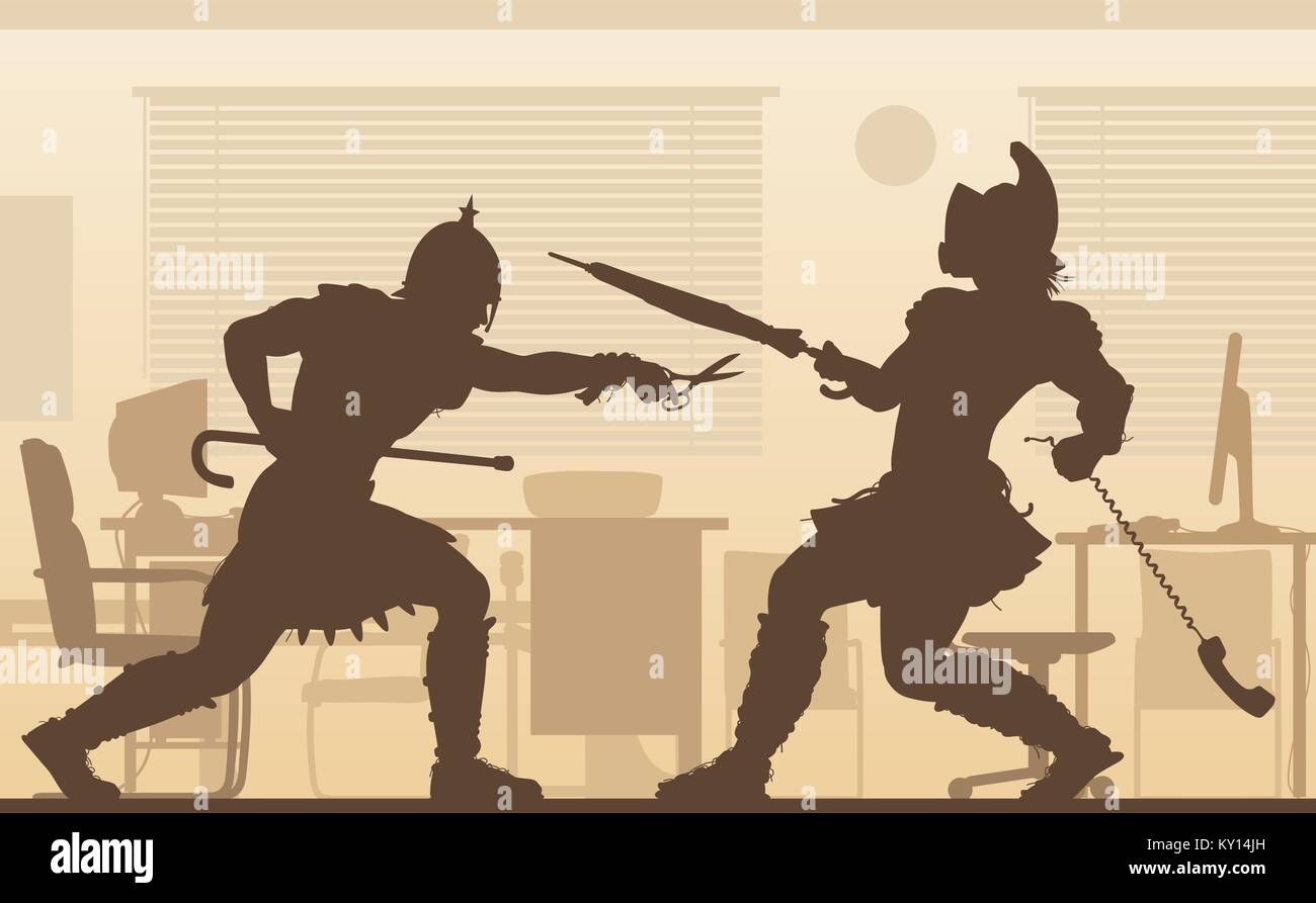 Editable vector illustration of two gladiators fighting in an office conflict Stock Vector
