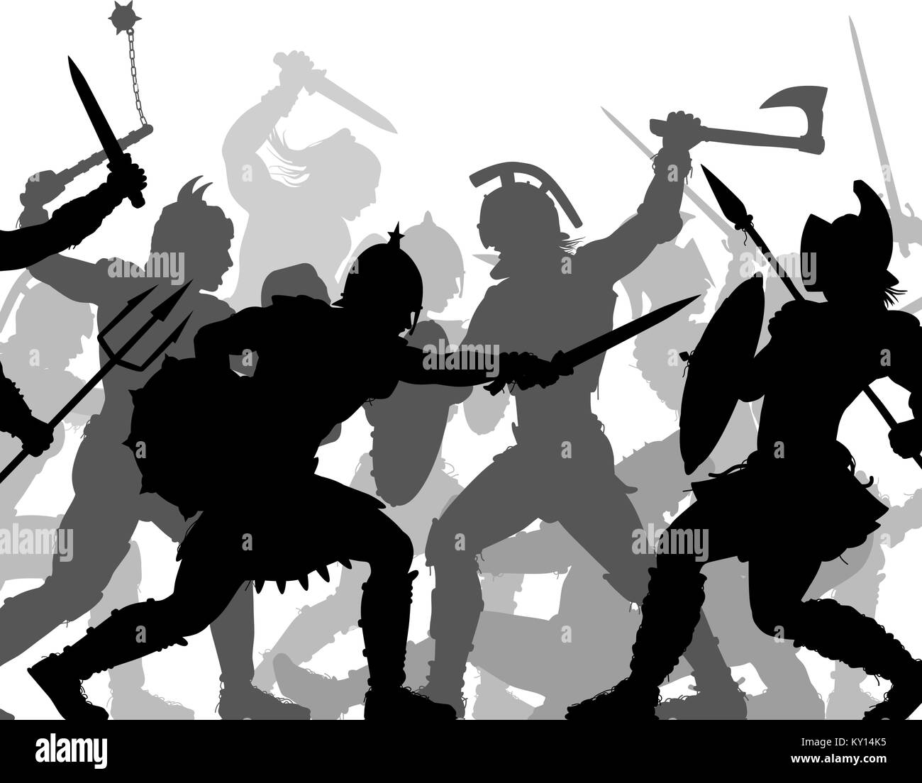 Editable vector silhouettes of ancient fighting soldiers in battle with figures and weapons as separate objects Stock Vector