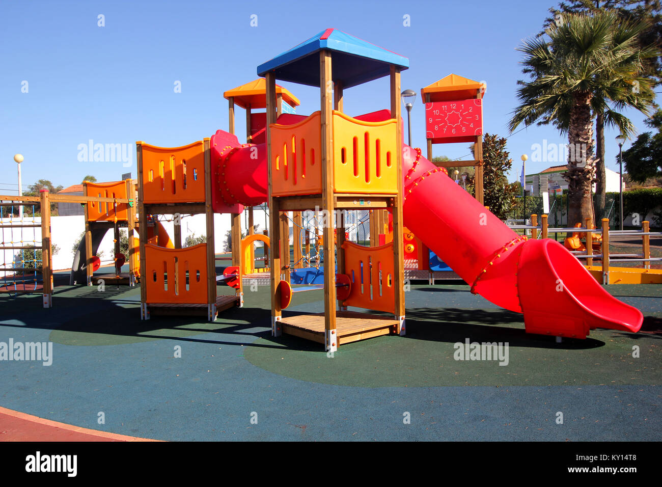 Deserted playground with tunnels, towers, and climbing frames Stock ...