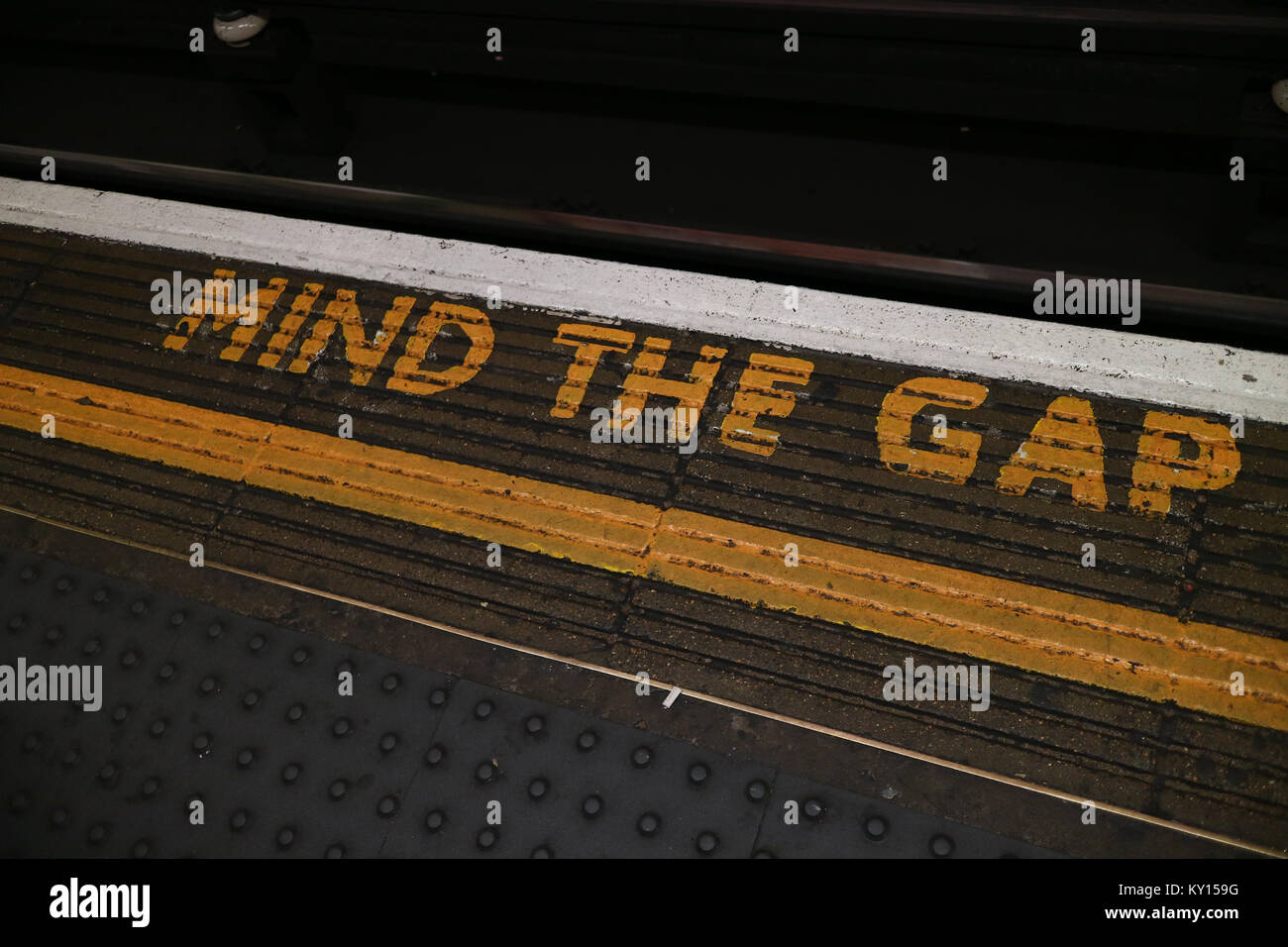 'Mind the Gap' Sign located on the London Underground platforms Stock Photo