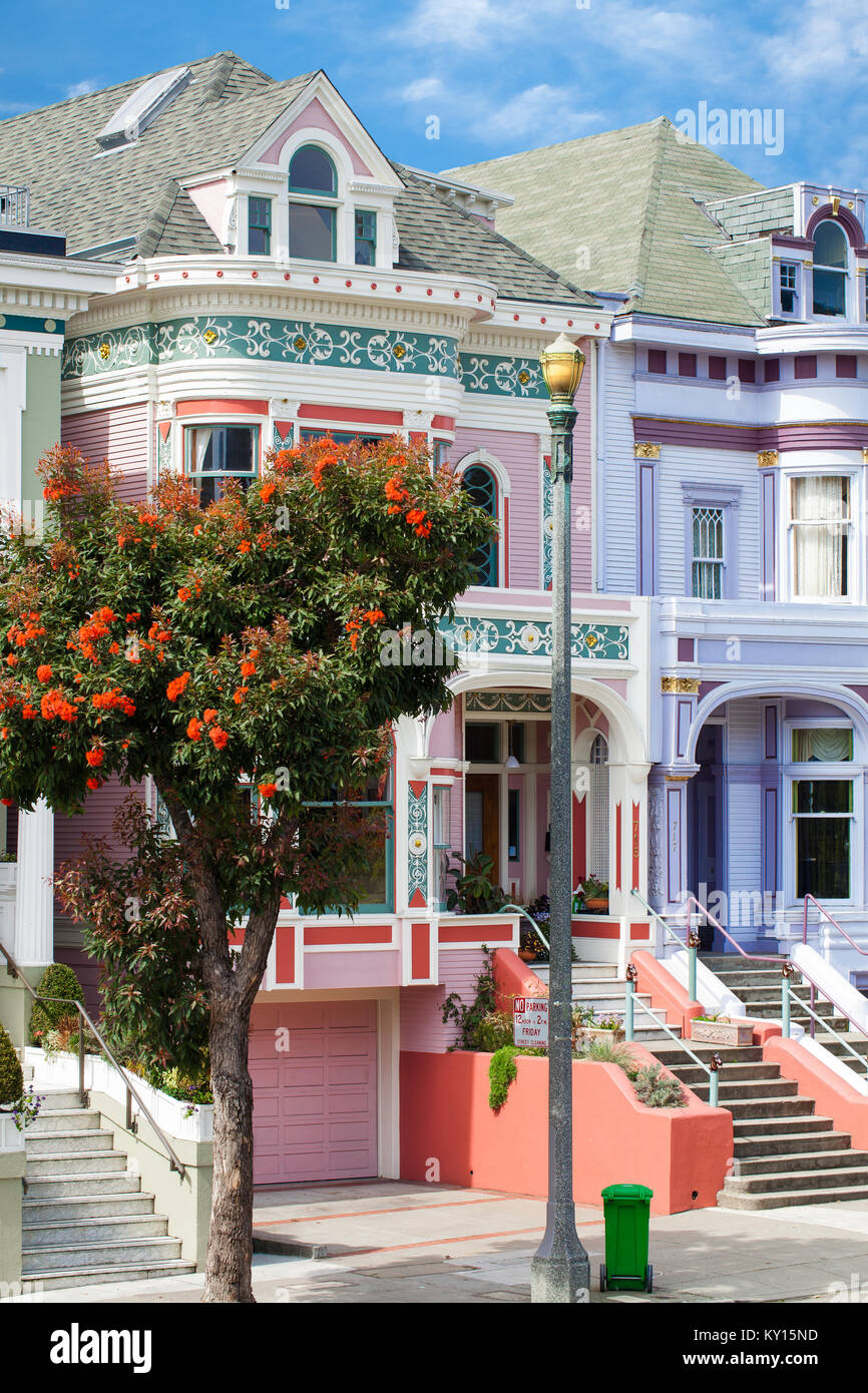 San Francisco painted ladies Victorian houses in pink and lavender Stock Photo
