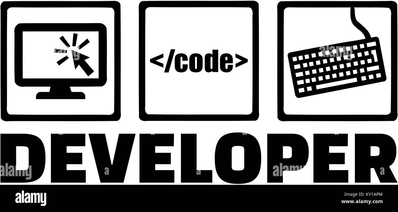 Developer icons with job title - monitor, code, keyboard Stock Photo