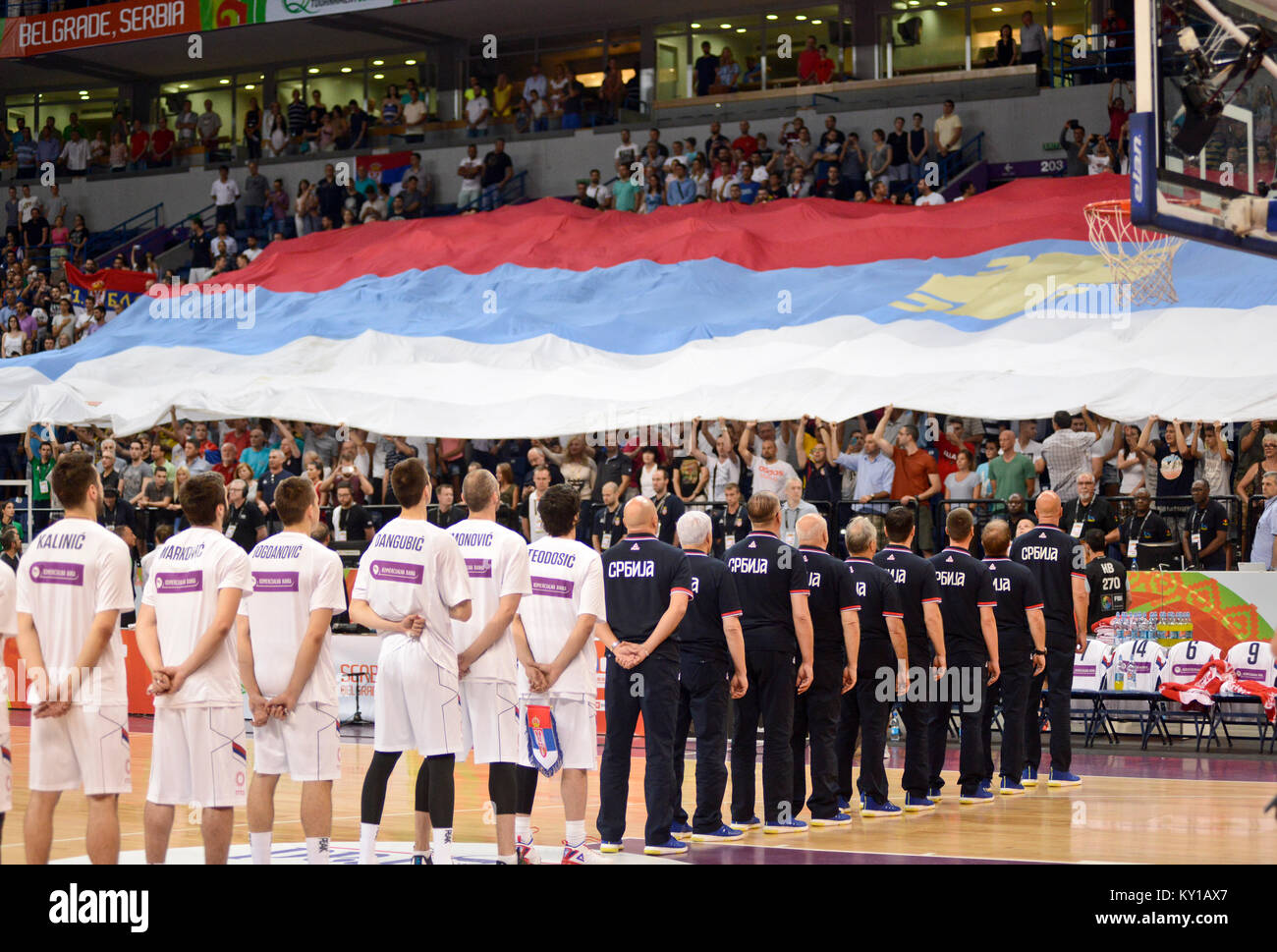 Serbia Basketball National Team during the anthem Stock Photo