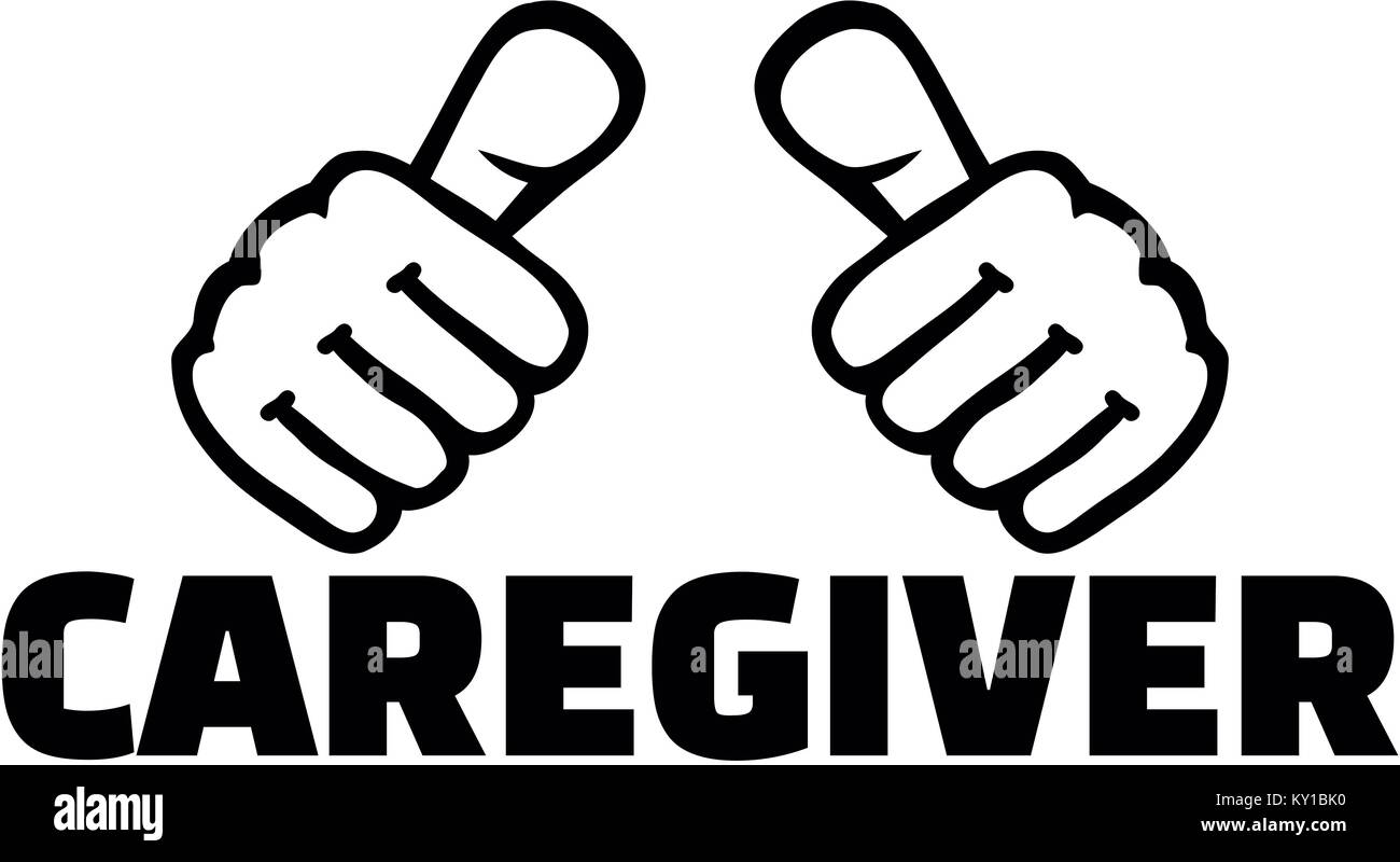Thumbs with caregiver job title Stock Photo