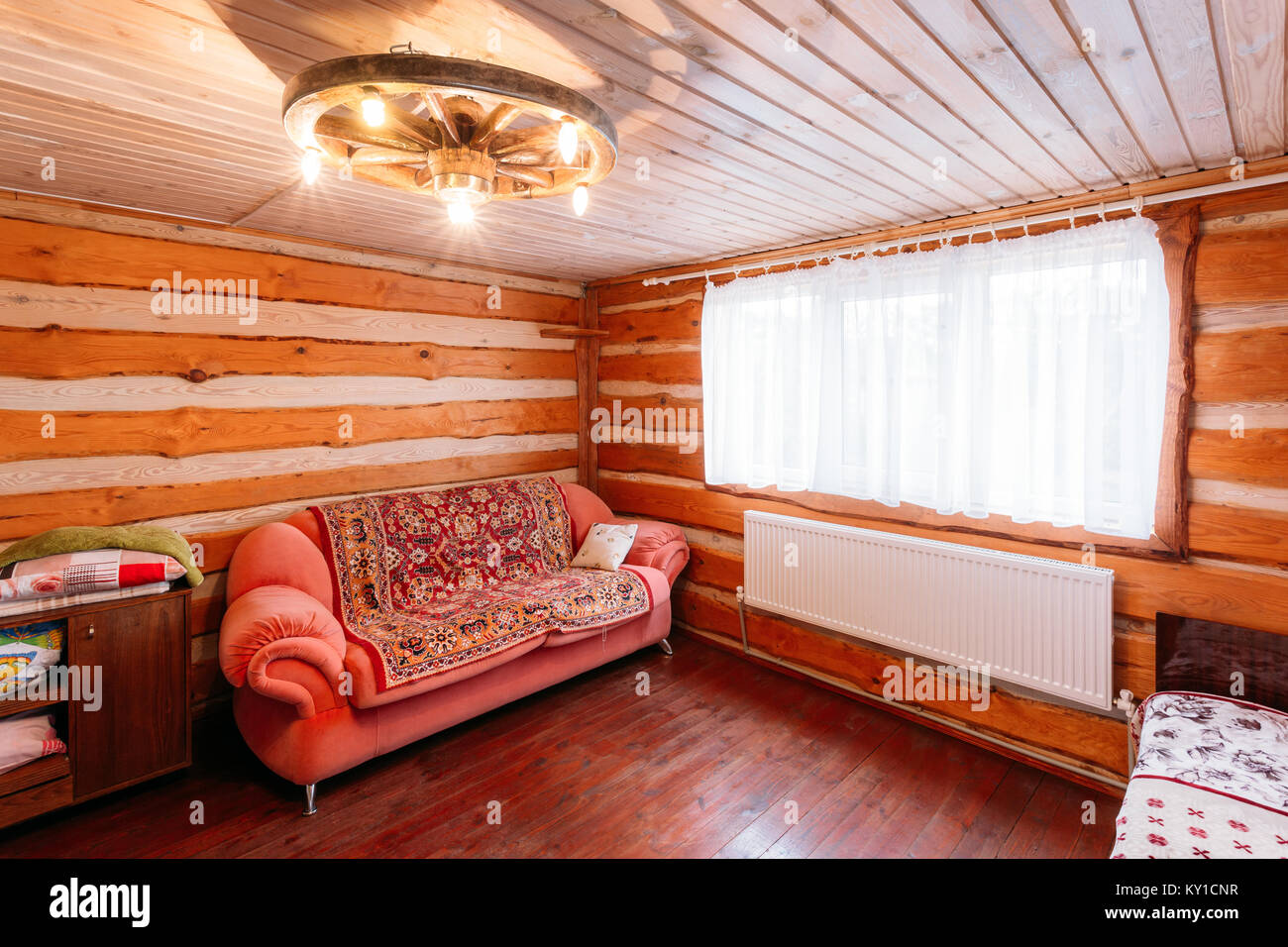 Interior Of Restroom In Belarusian Or Russian Wooden Guest House In Village Or Countryside Of Belarus Or Russia. Ecotourism And Travel. Stock Photo