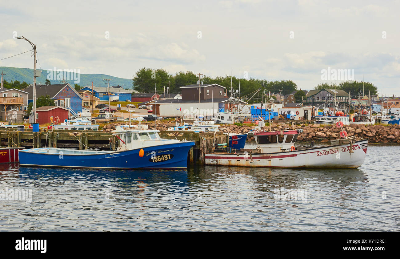 Cheticamp harbour and town, Cape Breton Island, Nova Scotia, Canada. Cheticamp is a small fishing community on the west coast of Cape Breton Island Stock Photo