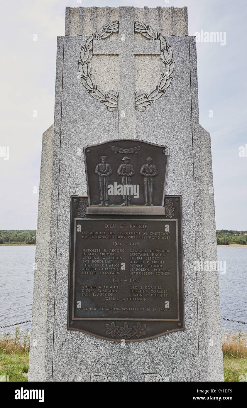 Memorial to parishioners killed during the 2 world wars, Cheticamp, Cape Breton Island, Nova Scotia, Canada. Stock Photo