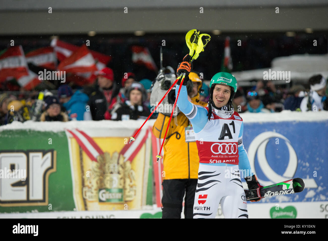 Felix Neureuther from Germany still leads the discipline standings after tonight’s slalom race in Schladming where he ended third. Photo credit: Christoph Oberschneider. Stock Photo