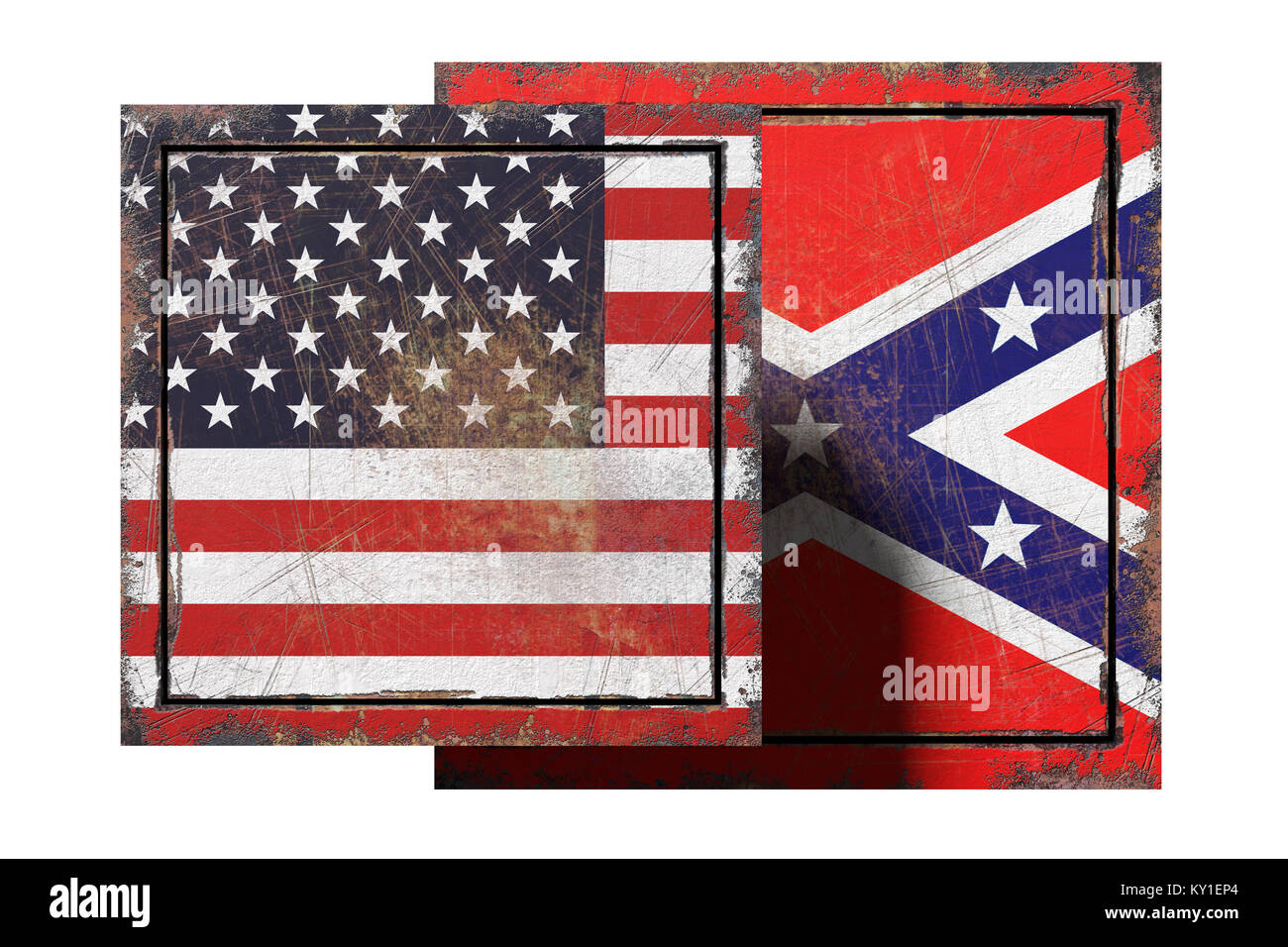 3d rendering of an united states and confederate flags on rusty plate. Stock Photo