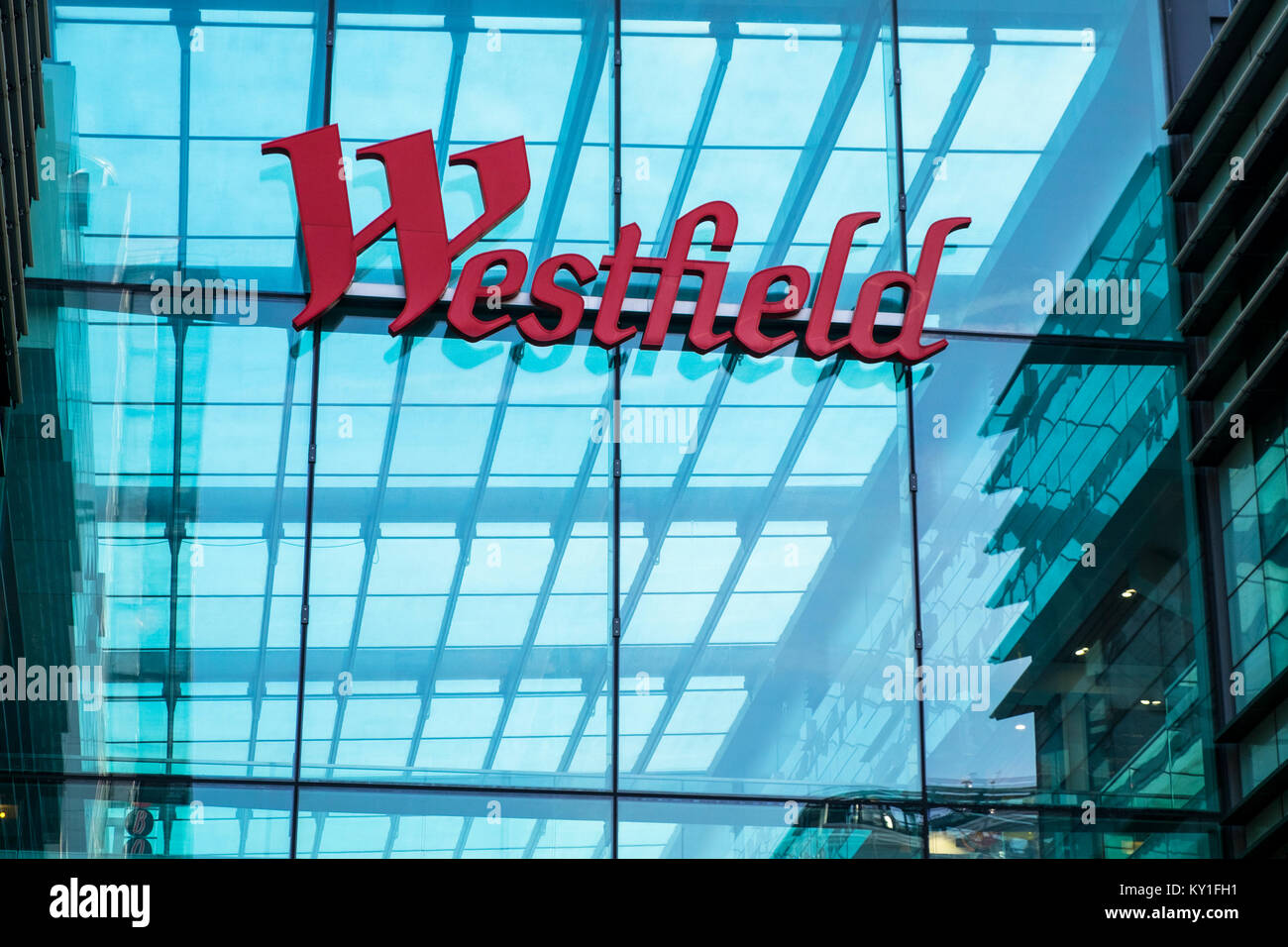 Westfield shopping centre sign logo, stratford, london, uk Stock