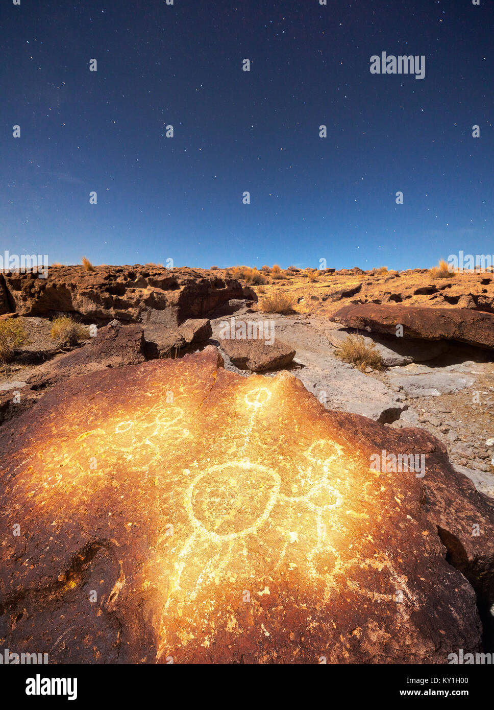 Ancient petroglyph in volcanic tablelands by Bishop California. Stock Photo