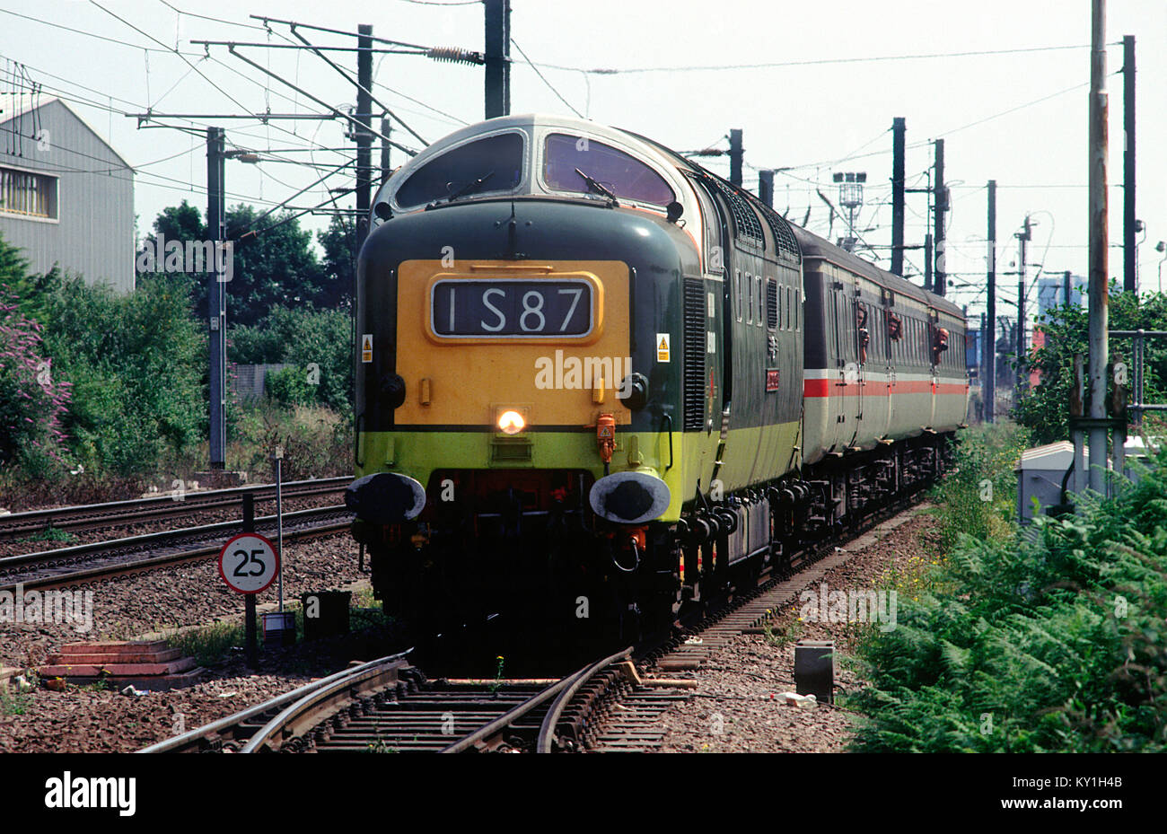 A class 55 deltic diesel locomotive number 55022/D9000 'Royal Scots Grey' working  a Virgin Cross Country service at Mitre Bridge Junction in west London. 26th June 1999. Stock Photo