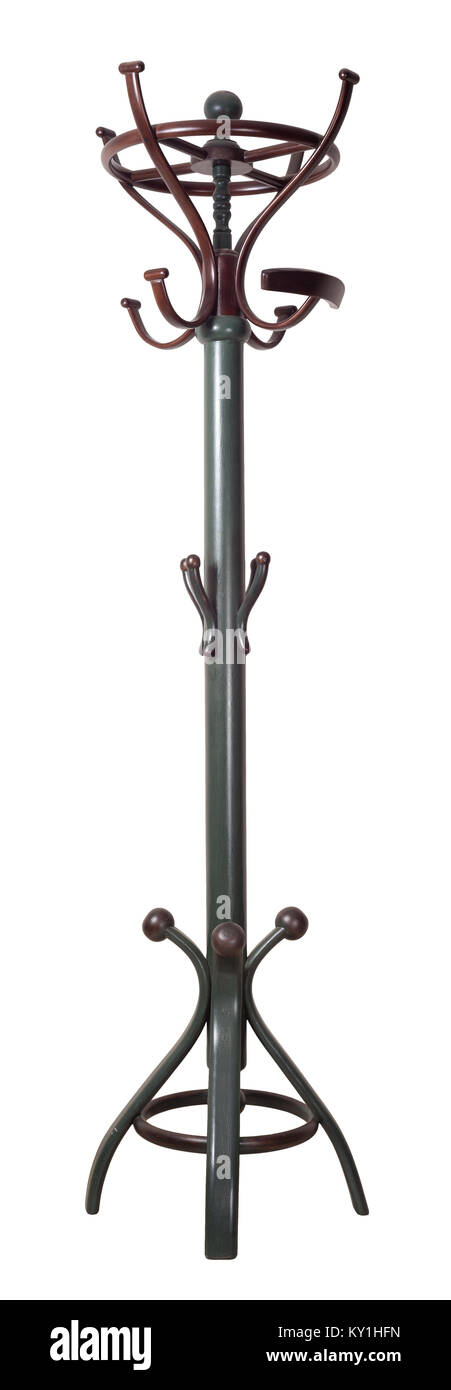 Vintage Furniture - Retro wooden dark green and brown painted coat hanger stand isolated on white background including clipping path Stock Photo