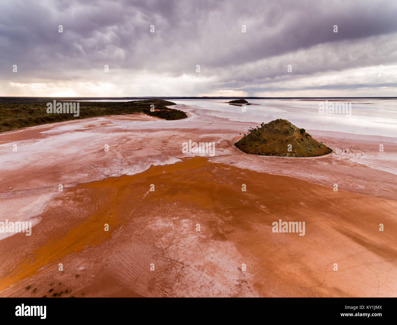 An aerial look at Lake Ballard with an approaching storm Stock Photo