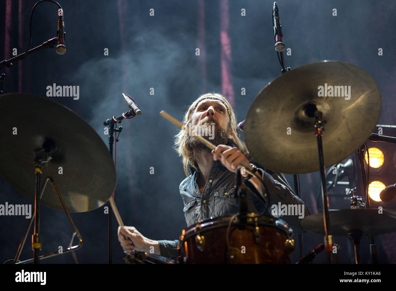 The Norwegian rock band BigBang performs a live concert at Oslo Spektrum. Here musician Olaf Olsen on drums is seen live on stage. Norway, 20/04/2013. Stock Photo