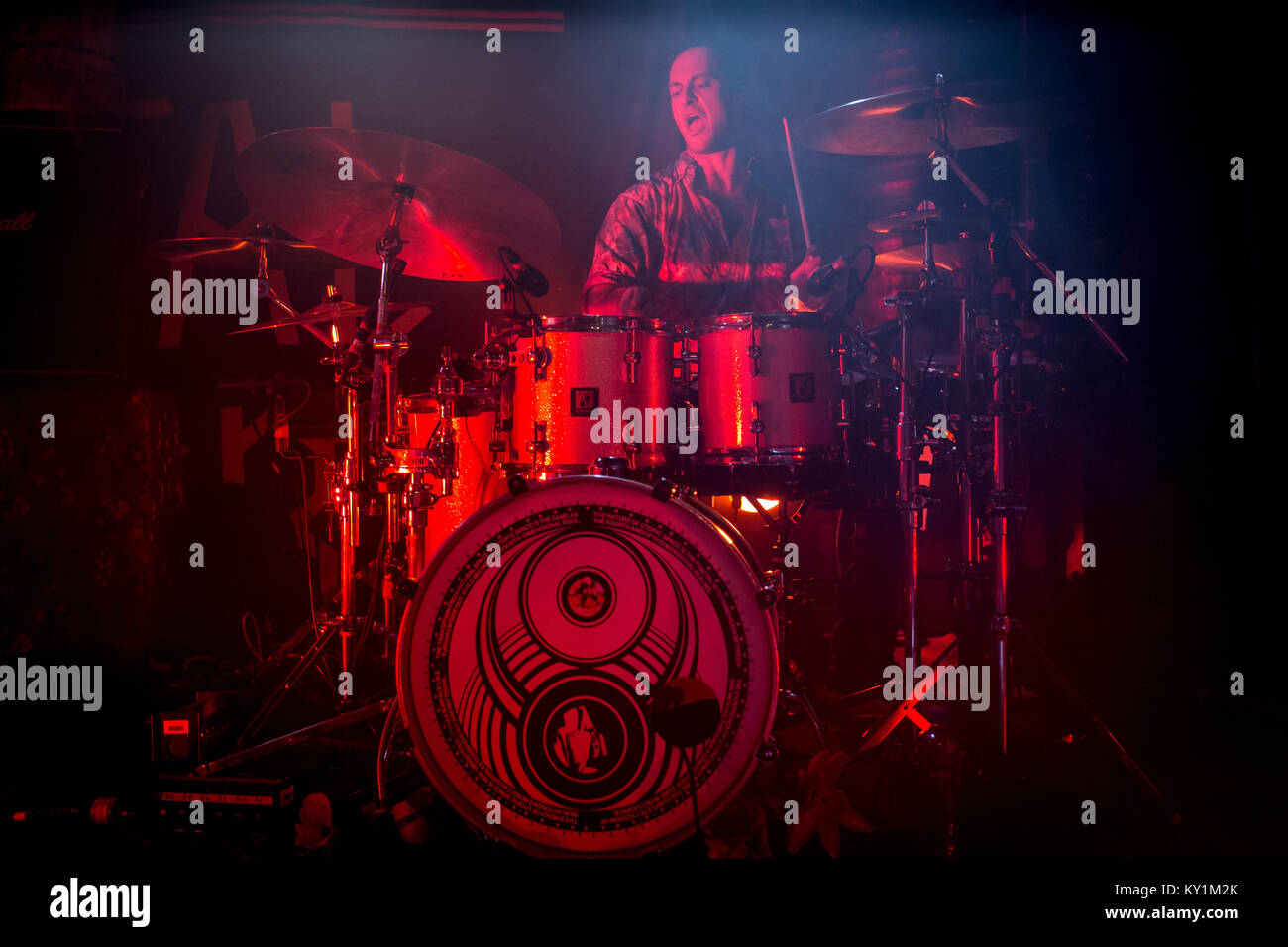 The alternative British dance- and folktronica band Crystal Fighters performs a live concert at John Dee Live Club. Here the band's drummer and musician is pictured live on stage. Norway, 02/12 2013. Stock Photo