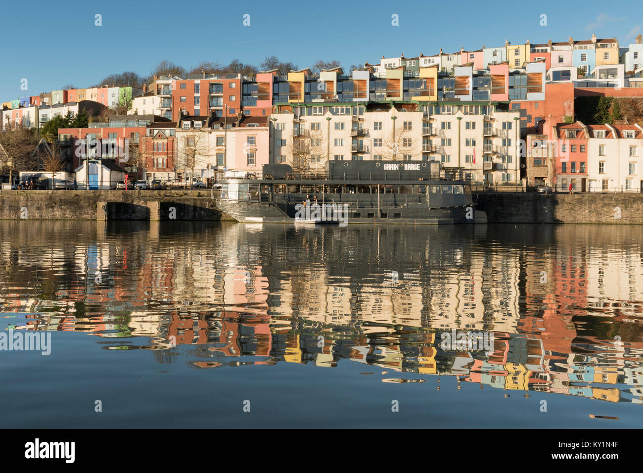 View across Bristol's Floating Harbour towards a boat used as a bar/restaurant Stock Photo Alamy