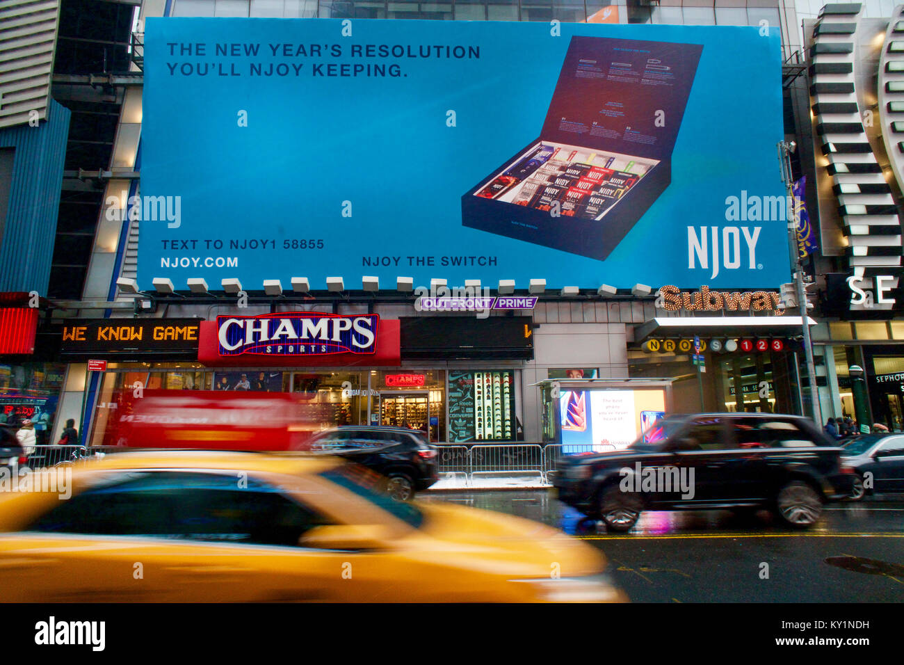 Advertising NJOY brand electronic cigarettes in Times Square in New York on Saturday, December 30, 2017. NJOY recently filed for Chapter 7 bankruptcy with the assets purchased for $30 million by a consortium of investors. NJOY has multiple advertising around Times Square keeping with the tradition of companies spending millions on billboards around New Year's Eve hoping for placement worldwide as viewers watch the ball drop. (© Richard B. Levine) Stock Photo