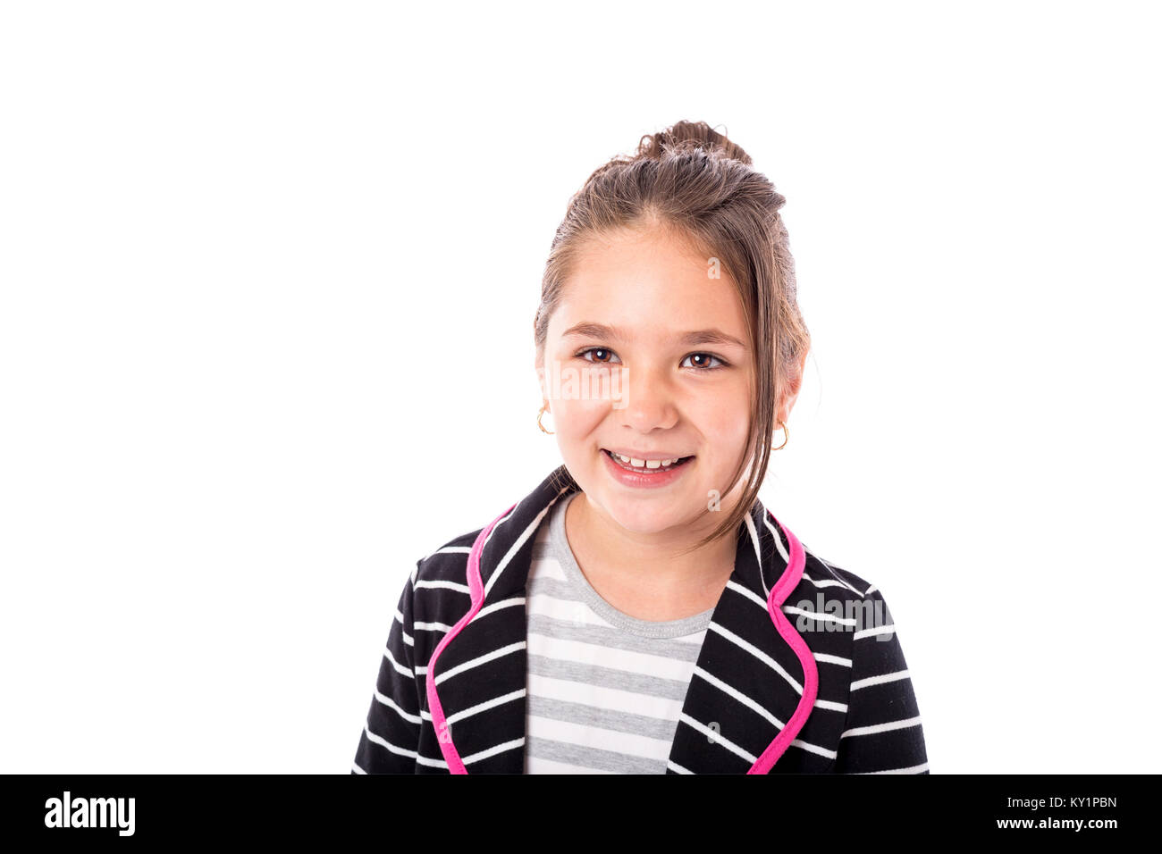 Portrait of a smiling pretty little girl isolated over white background ...
