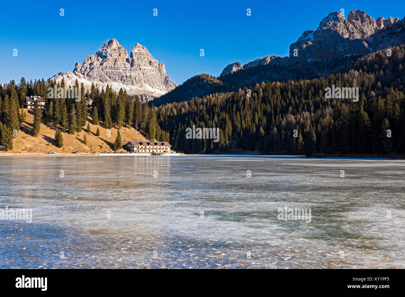 Winter landscape at the frozen Misurina lake in Italy Stock Photo