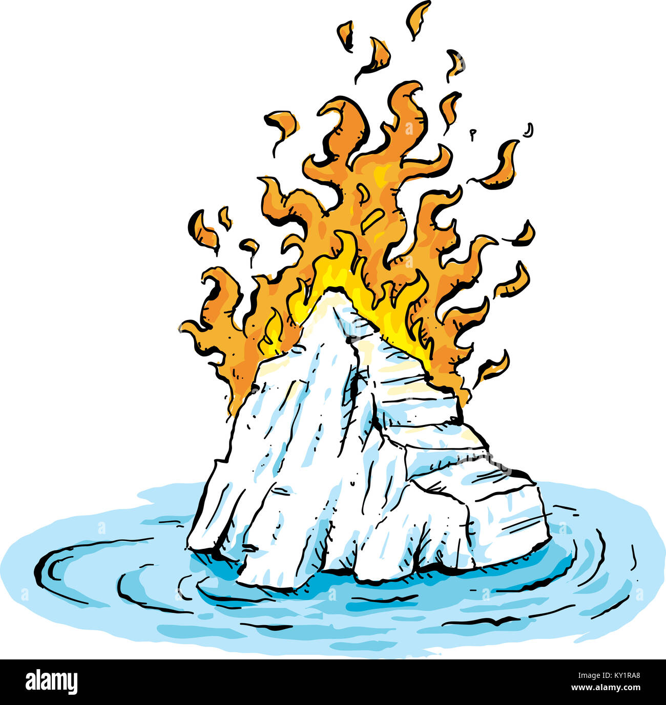 Cartoon of searing flames burning on a frozen, cold iceberg floating in water. Stock Photo