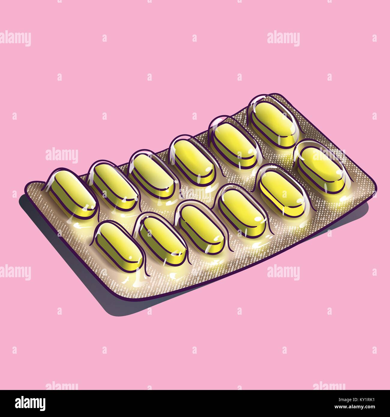 Medication yellow caplets in a foil and plastic blister pack hi-res ...