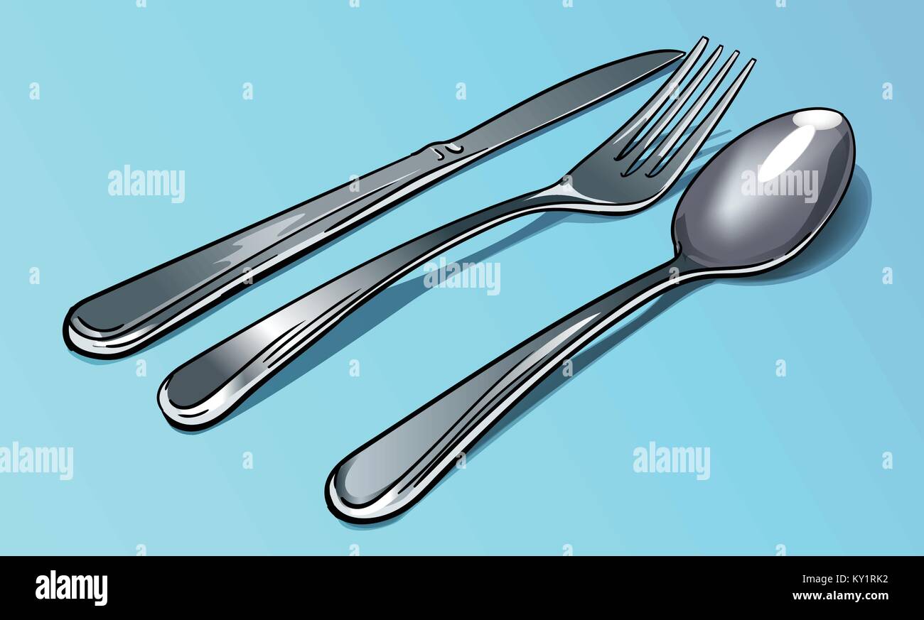 A basic set of stainless steel cutlery. Place it on any background and the shadows will take that colour. Stock Vector