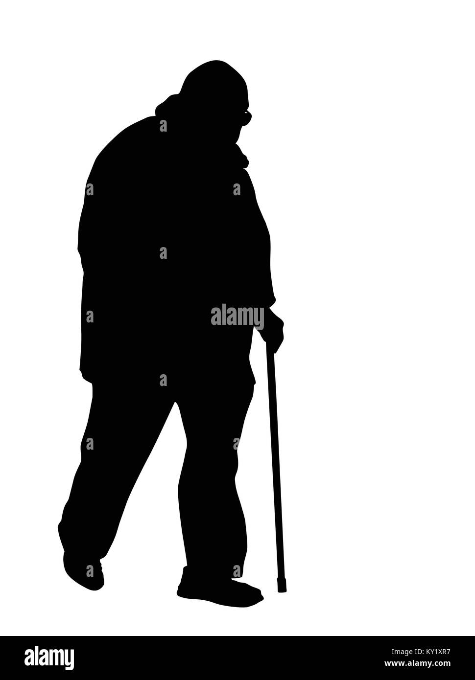 Old man walks with cane on white background, vector illustration Stock Vector