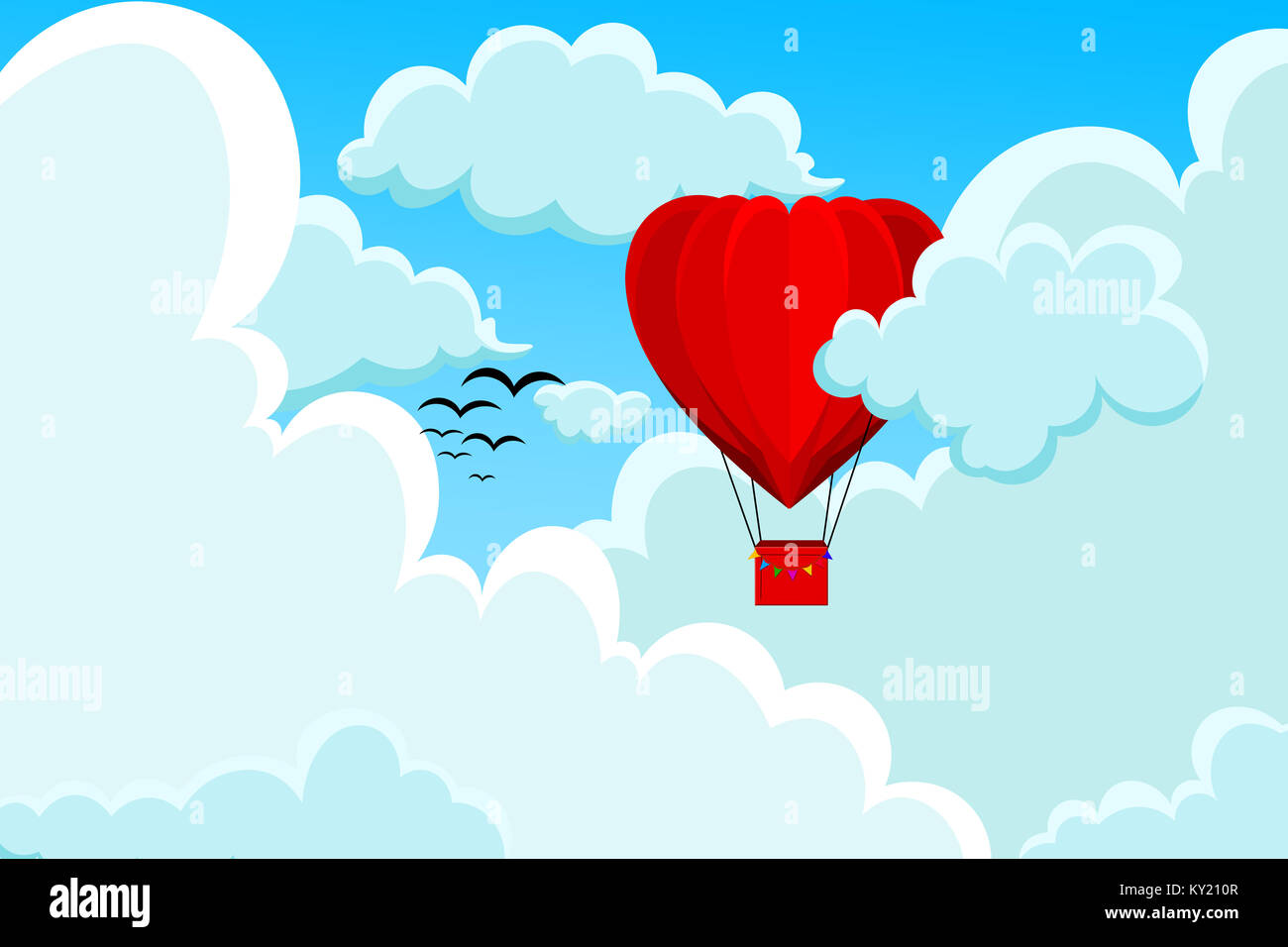 Red, heart shaped hot air balloon flying among the white clouds Stock ...