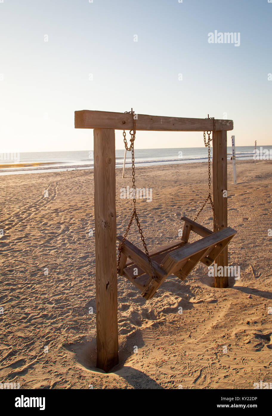 2 Person Wooded Swing Chair On Tybee Island Beach Outside Of Stock