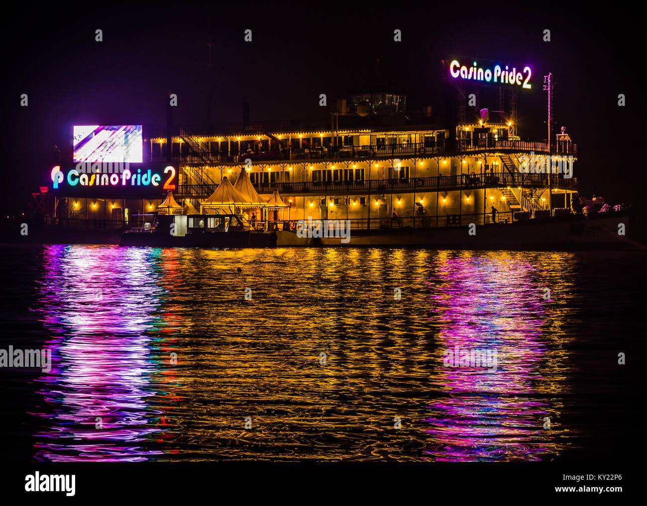 Nocturnal view of Casino Pride 2 (one of Goa's offshore Casinos operating in Mandovi River). Stock Photo