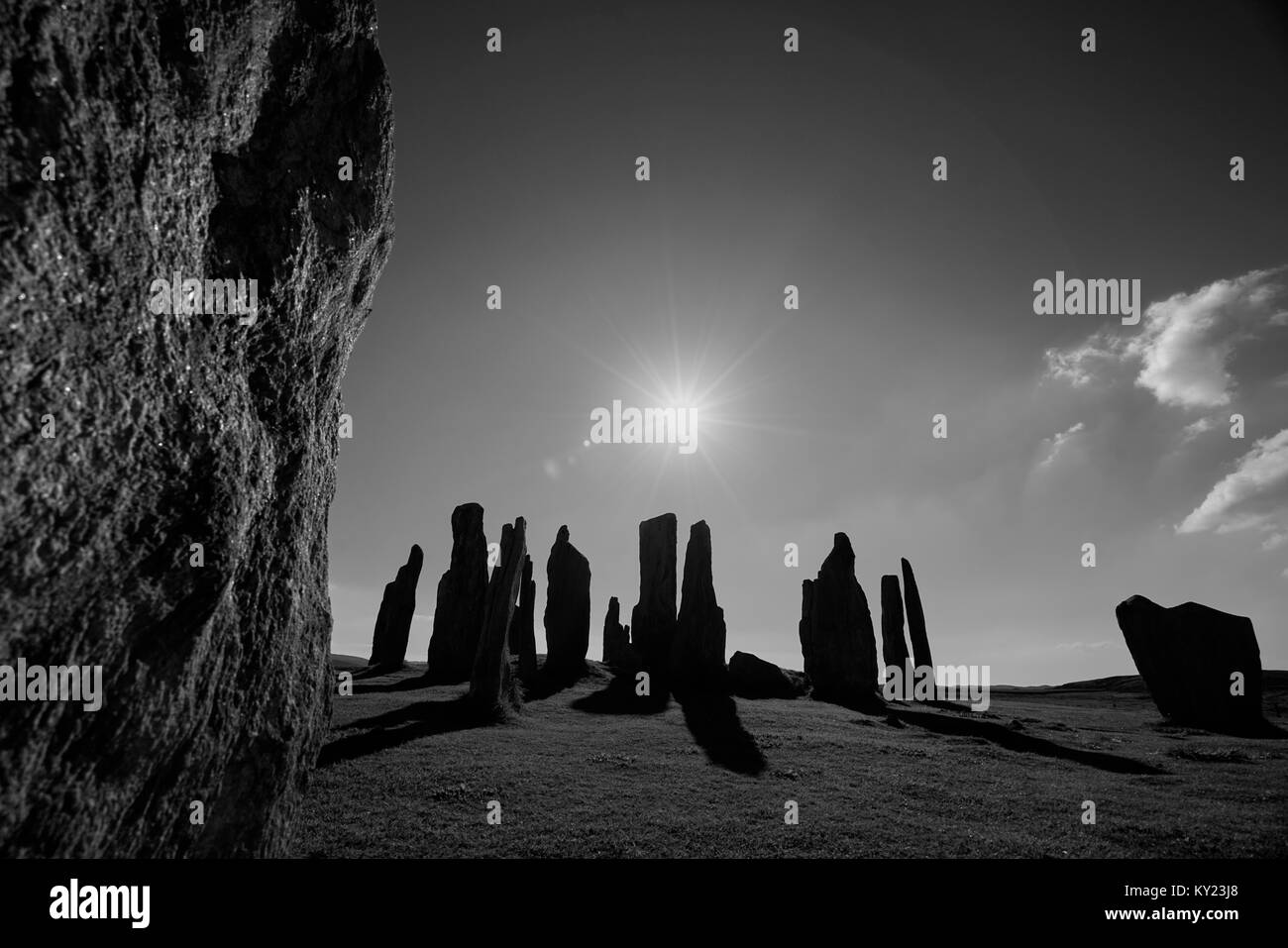 Black and White photograph of Standing Stones at Callanish, Isle of Lewis, Scotland. Stock Photo