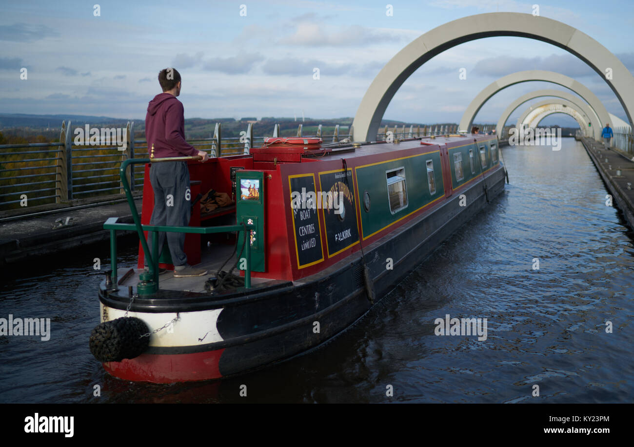 Barge on the Union Canal approaching The Falkirk Wheel, Scotland.UK. Stock Photo