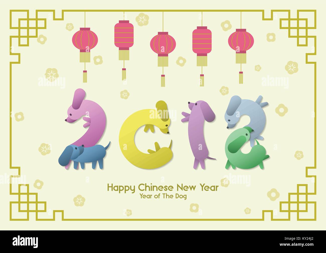 Happy Chinese New Year, Year of the Dog, colorful funny sausage Dachshund dogs group pose like number 2018 with hanging red lanterns, gold Asian flowe Stock Vector