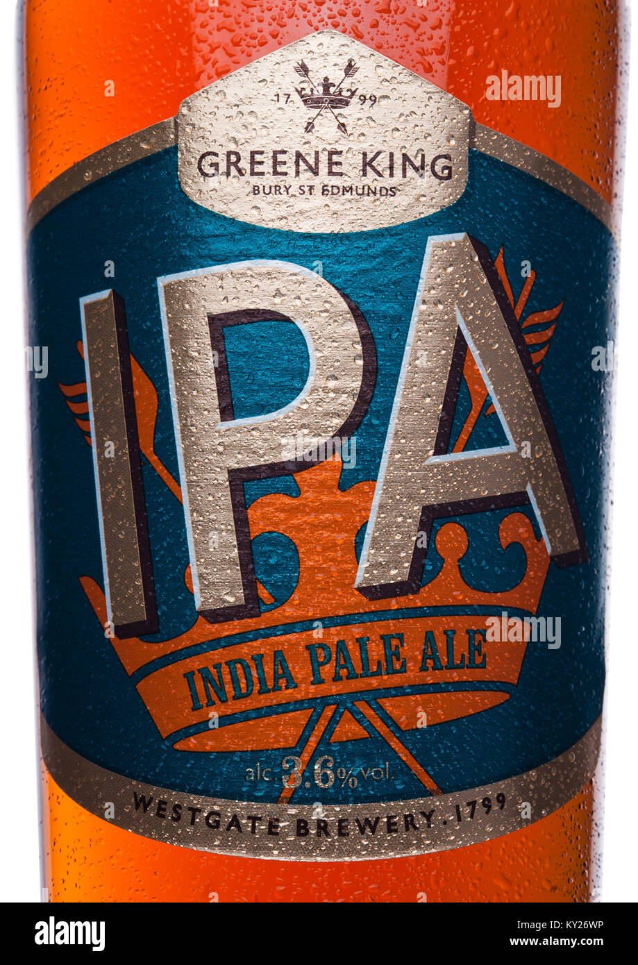 LONDON, UK JANUARY 02, 2018 Bottle label of IPA greene king india