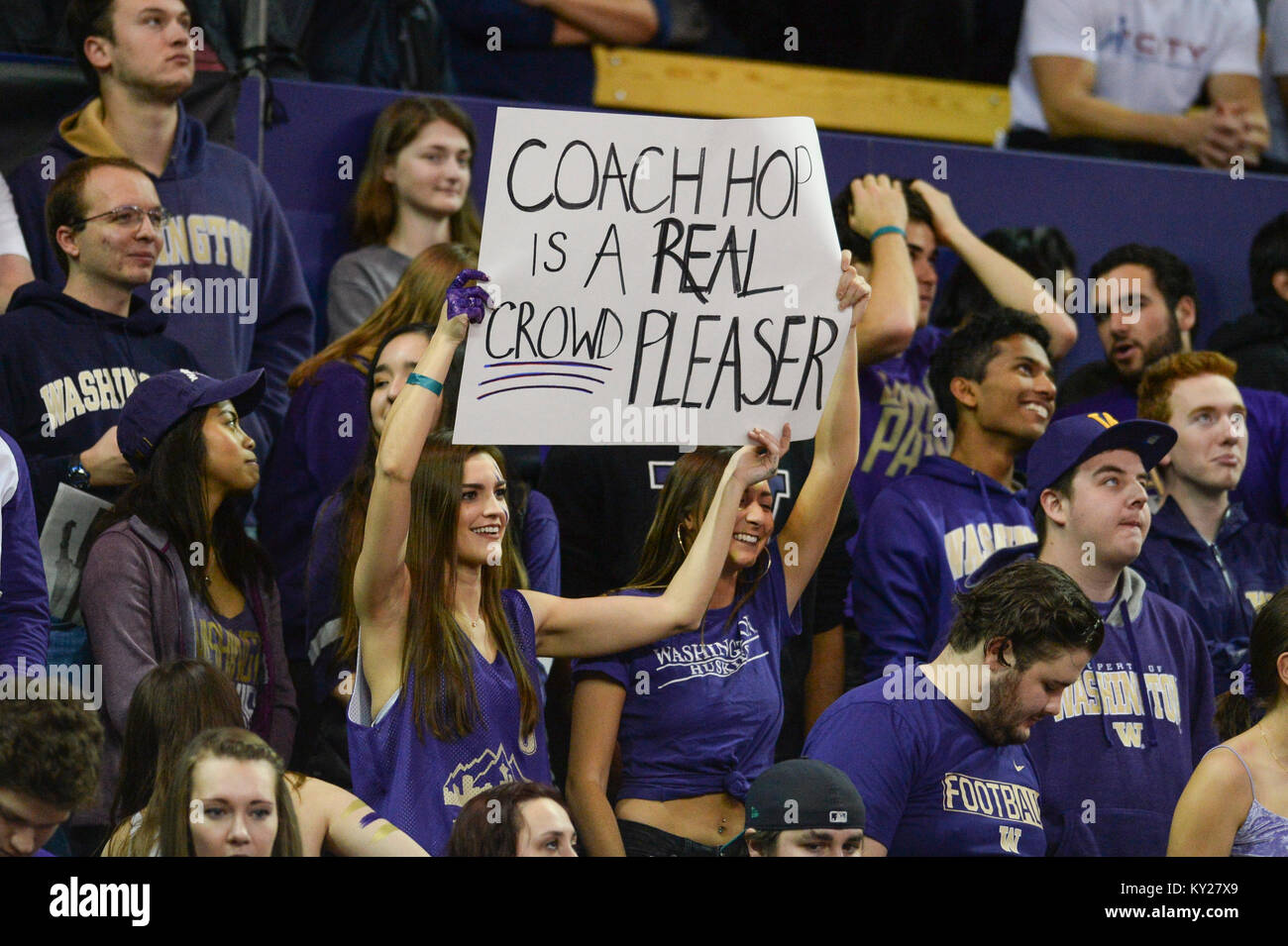 Seattle, WA, USA. 11th Jan, 2018. Dawg Pack fans show their appreciation for Coach Hopkins during a PAC12 basketball game between the Washington Huskies and Cal Bears. The game was played at Hec Ed Pavilion in Seattle, WA. Jeff Halstead/CSM/Alamy Live News Stock Photo