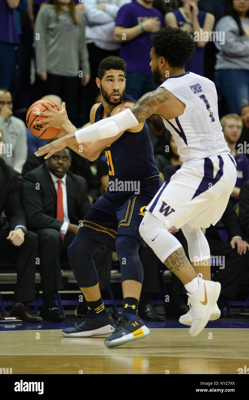 Seattle, WA, USA. 11th Jan, 2018. Cal guard Nick Hamilton (21) in action against UW's David Crisp (1) during a PAC12 basketball game between the Washington Huskies and Cal Bears. The game was played at Hec Ed Pavilion in Seattle, WA. Jeff Halstead/CSM/Alamy Live News Stock Photo