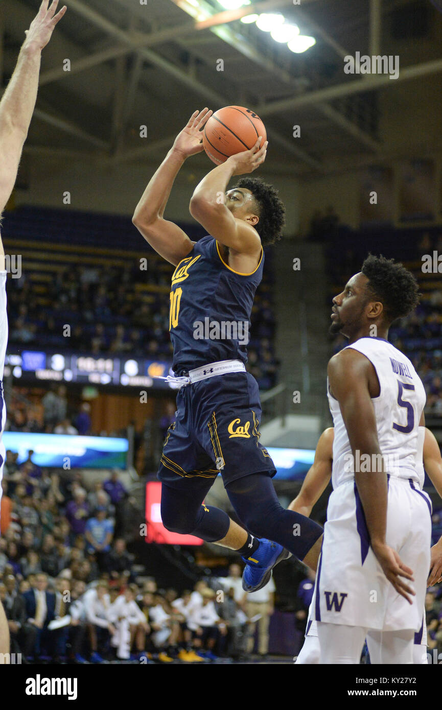 Seattle, WA, USA. 11th Jan, 2018. Cal guard Justice Sueing (10) puts up a shot during a PAC12 basketball game between the Washington Huskies and Cal Bears. The game was played at Hec Ed Pavilion in Seattle, WA. Jeff Halstead/CSM/Alamy Live News Stock Photo
