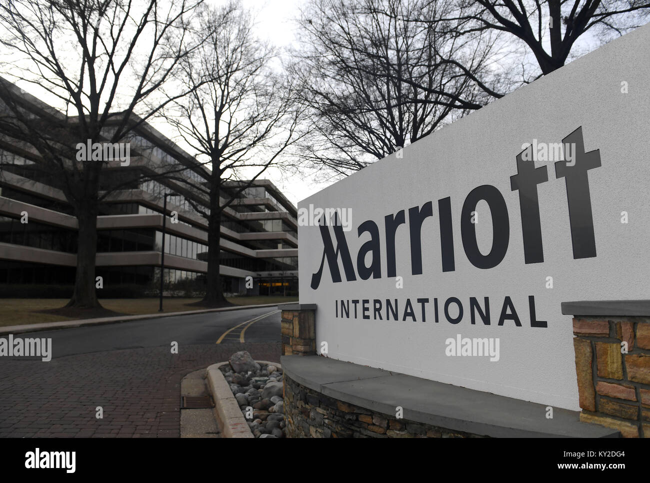 (180112) -- BETHESDA, Jan. 12, 2018 (Xinhua) -- Photo taken on Jan. 11, 2018 shows the headquarters of Marriott International in Bethesda, Maryland, the United States. U.S. hotel chain Marriott's chief executive officer (CEO) apologized Thursday for listing Tibet, among other parts of China, as an independent country in a mail questionnaire, and promised to take measures to prevent such incidents. (Xinhua/Yin Bogu) (zf) Stock Photo