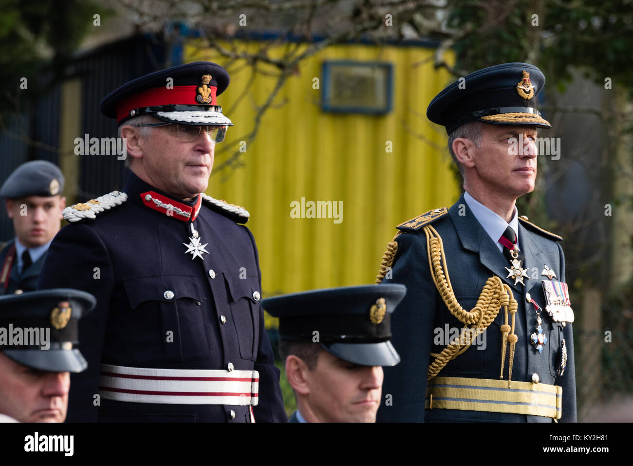 Llanystumdwy, Gwynedd, UK. 12th Jan, 2018. UK. the Lord Lieutenant of Gwynedd, Gwynedd, Edmund Bailey (L) and Chief of the Air Staff Air Chief Marshal Sir Stephen Hillier (R) at the commemoration of Prime Minister David Lloyd George's 1917 decision to create the world's first independent Air Force in 1918. Credit: Michael Gibson/Alamy Live News Stock Photo