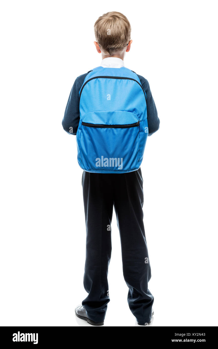 schoolboy with backpack view from behind on white background isolated Stock Photo