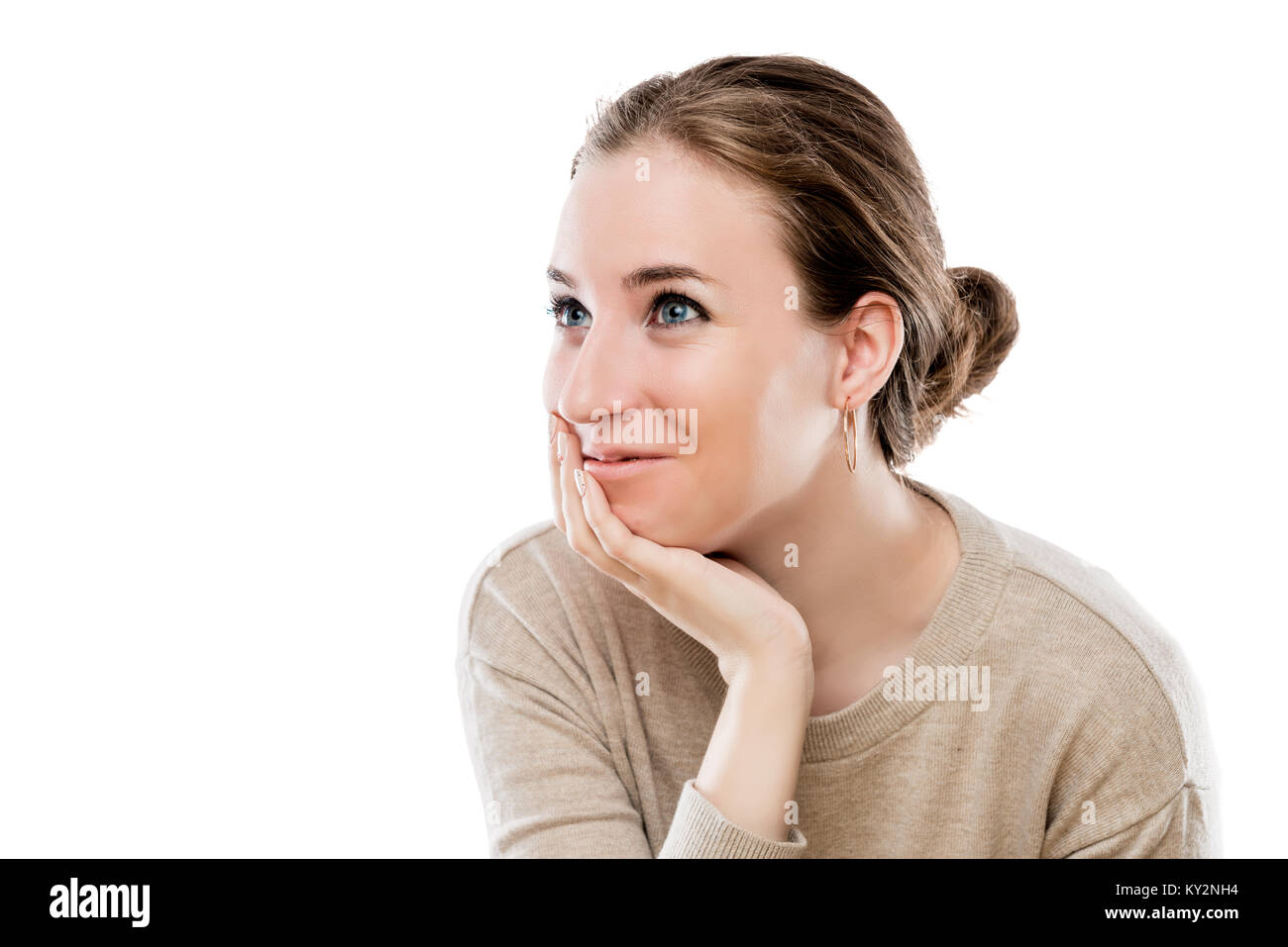 portrait of a young beautiful girl on a white background in studio ...