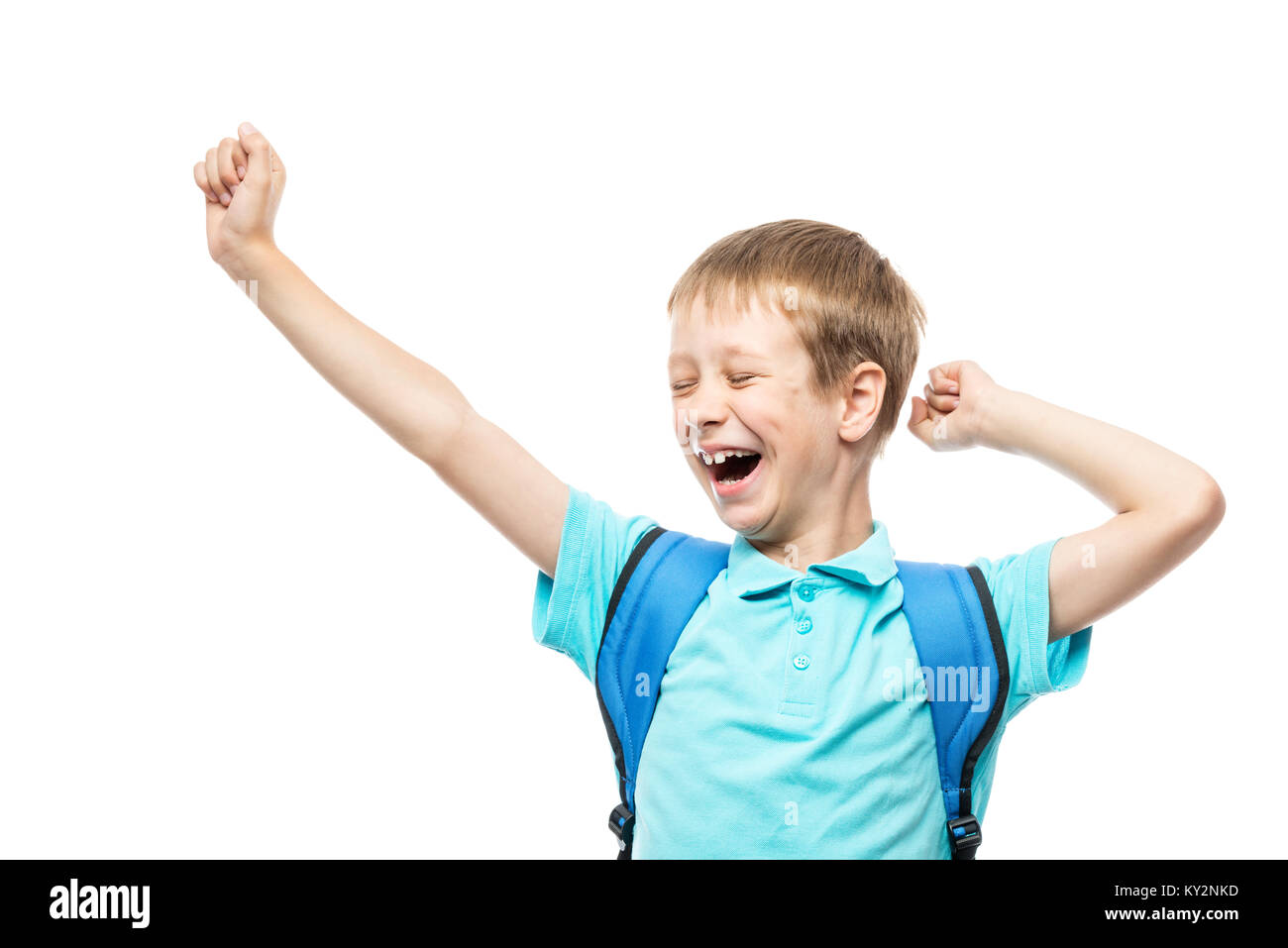 student yawns and stretches in the morning before going to school on a white background Stock Photo
