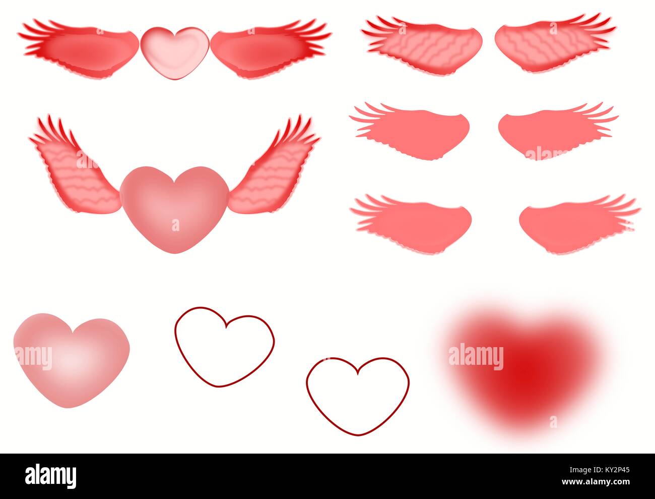 Various flying Hearts and wings with gradients and transparent effects illustration Stock Photo